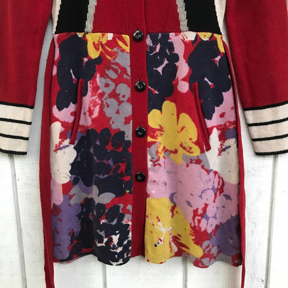 Anthro Sparrow Red Floral Knit SweaterCoat Sz S - Picture 7 of 10